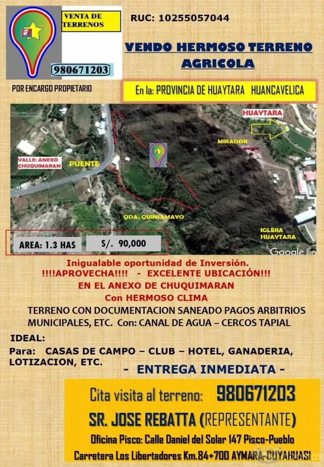 TERRENO AGRICOLA 1.2 HAS. EN CHUQUIMARAN HUAYTARA A LADO DE CARRETERA VIA LIBERTADORES - 1