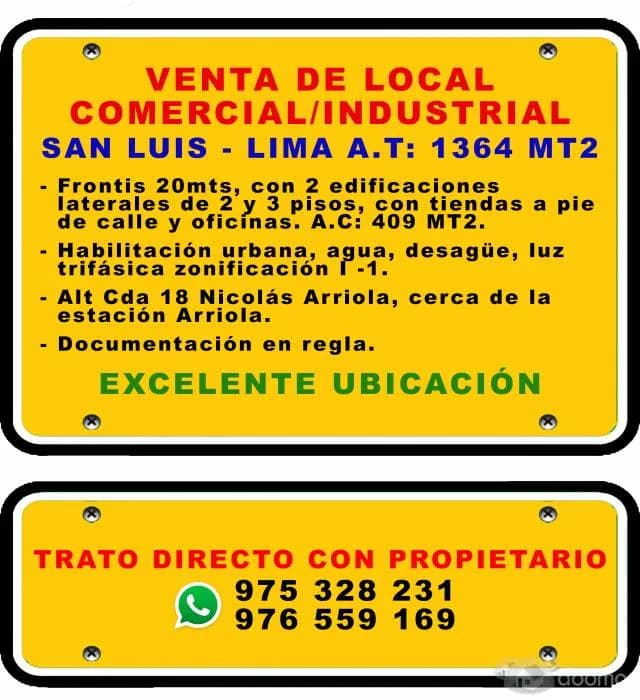 VENTA DE LOCAL COMERCIAL/INDUSTRIAL EN SAN LUIS - LIMA - 1