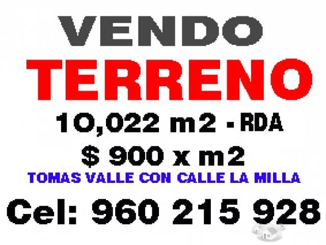 TERREN0 10,022 M2 SMP AV. TOMAS VALLE CON CALLE LA MILLA  $ 900 DOLARES X M2 LLAMAR 960 215 928 - 1