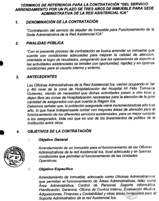 SOLICITO LOCAL EN ARRENDAMIENTO POR UN PLAZO DE TRES AÑOS DE INMUEBLE PARA SEDE ADMINISTRATIVA DE LA RED ASISTENCIAL ICA - 1