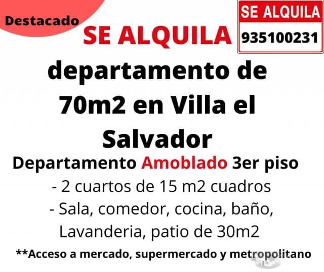 SE ALQUILA departamento de 70m2 en Villa el Salvador - 1