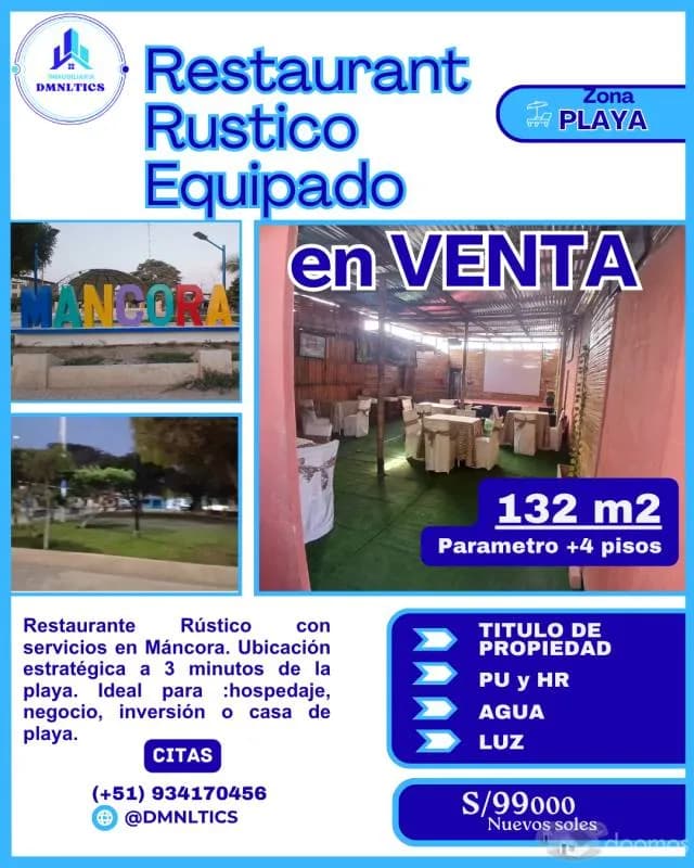 MANCORA Venta Restaurante Rústico Equipado 132 m² · TITULO DE PROPIEDAD - 1