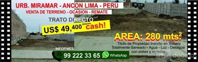 ANCON TERRENOS EN VENTA URB. MIRAMAR REMATE X VIAJE 280 MTS2 $49 Y 347 MTRS2 a $59 - 1